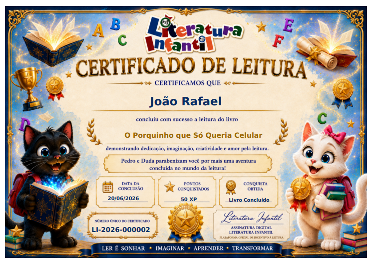 Certificado de leitura personalizado da Literatura Infantil